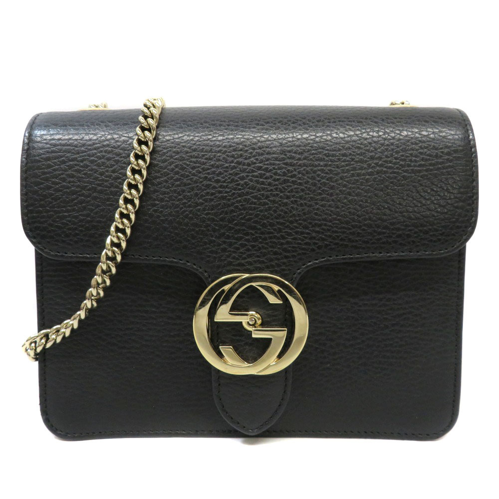 GUCCI Chain Shoulder Bag Leather Black Interlocking GG